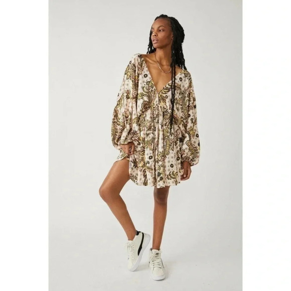 New Free People Arzel Mini Dress Long Sleeve Printed Tunic in Tea Combo XS - Picture 6 of 16